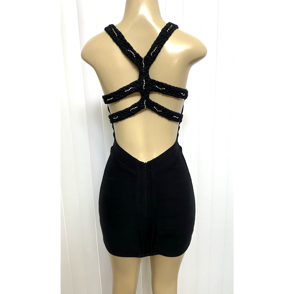 SKY Dress Mini Bandage Sleeveless V Neck Sheath Bodycon Black Embellished XS - Picture 2 of 10